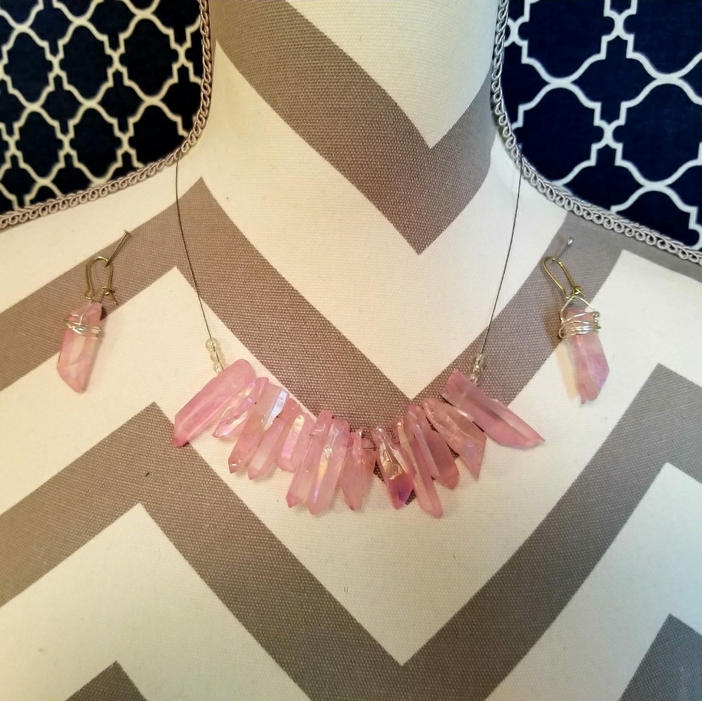 Handmade Pink quartz necklace set in  Silver